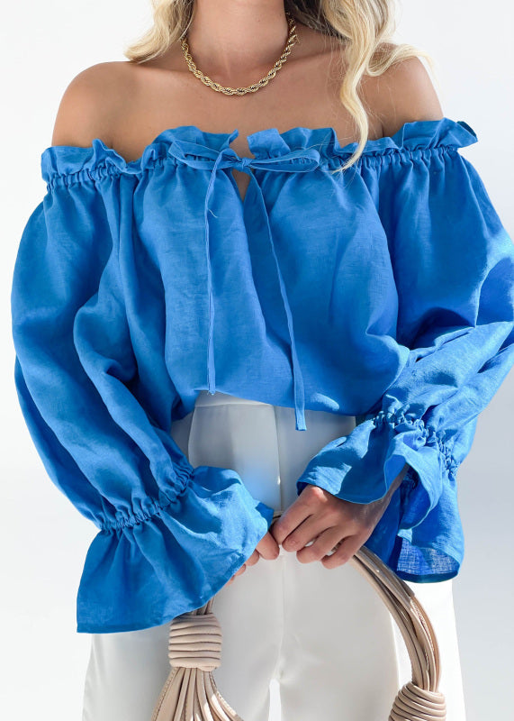 Blouses- Women's Off-Shoulder Ruffle Blouse with Loose Fit & Balloon Sleeves- Blue- Pekosa Women Clothing