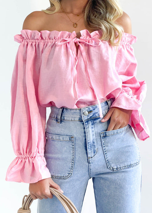 Blouses- Women's Off-Shoulder Ruffle Blouse with Loose Fit & Balloon Sleeves- - Pekosa Women Clothing