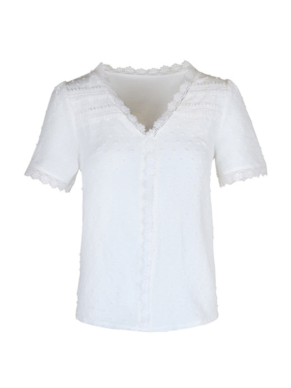 Blouses- Women's Swiss Dot Guipure Lace Blouse - Contrast V-neck Top- - Pekosa Women Clothing