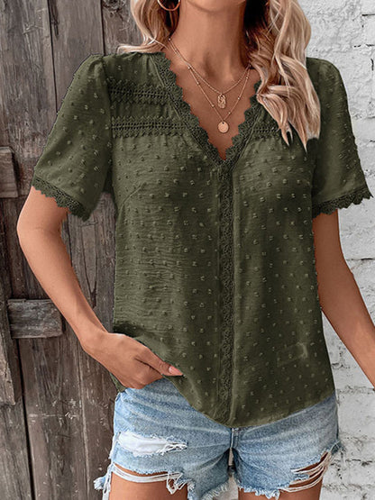 Blouses- Women's Swiss Dot Guipure Lace Blouse - Contrast V-neck Top- - Pekosa Women Clothing