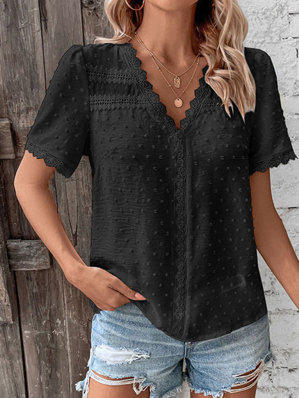 Blouses- Women's Swiss Dot Guipure Lace Blouse - Contrast V-neck Top- - Pekosa Women Clothing