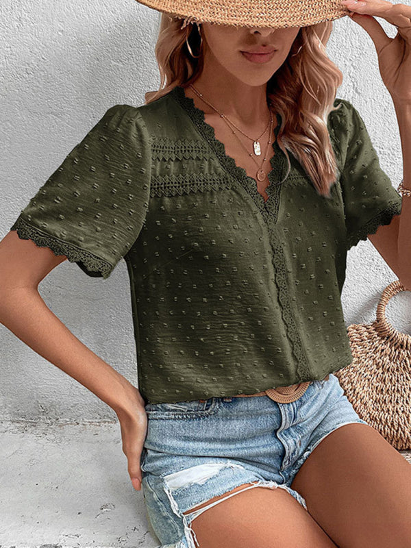 Blouses- Women's Swiss Dot Guipure Lace Blouse - Contrast V-neck Top- Green- Pekosa Women Clothing