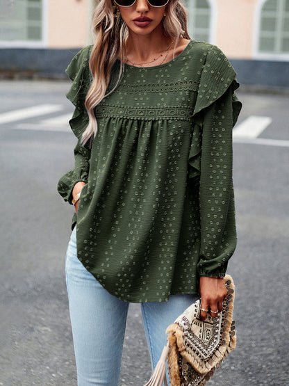 Blouses- Women's Swiss Dot Ruffle Blouse - Trendy Top with Lace Accents- Green- Pekosa Women Clothing