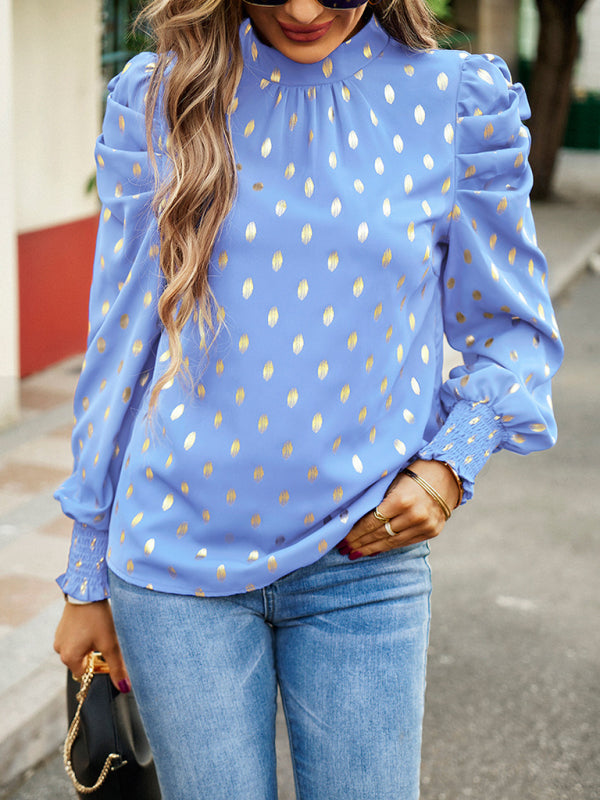 Blouses- Women's Tunic Top with Gold Polka Dot Stand Neck for Elegant Occasions- - Pekosa Women Clothing