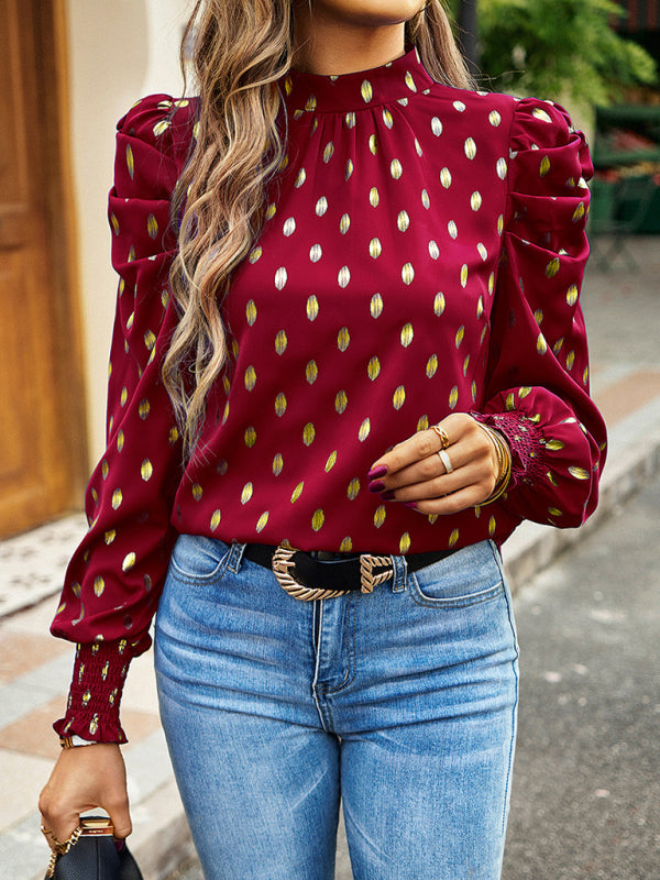 Blouses- Women's Tunic Top with Gold Polka Dot Stand Neck for Elegant Occasions- - Pekosa Women Clothing