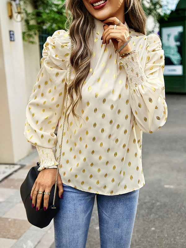 Blouses- Women's Tunic Top with Gold Polka Dot Stand Neck for Elegant Occasions- - Pekosa Women Clothing