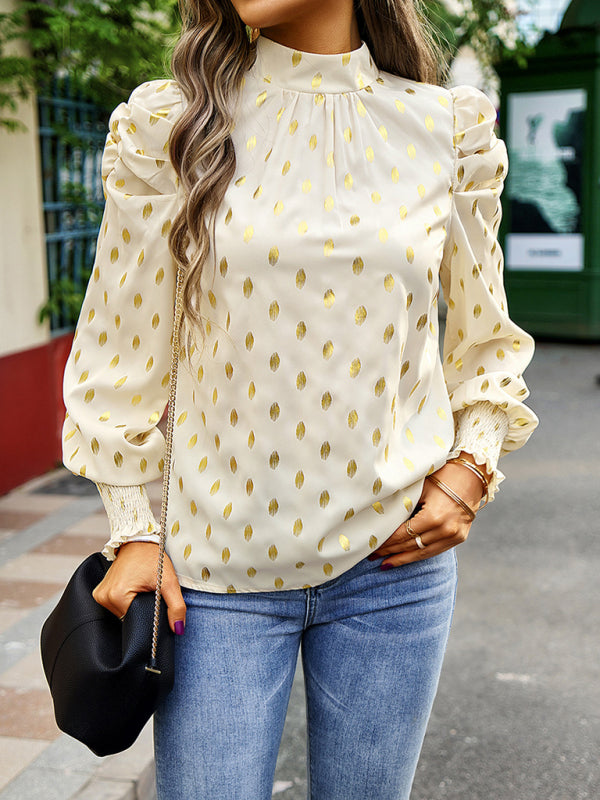 Blouses- Women's Tunic Top with Gold Polka Dot Stand Neck for Elegant Occasions- - Pekosa Women Clothing