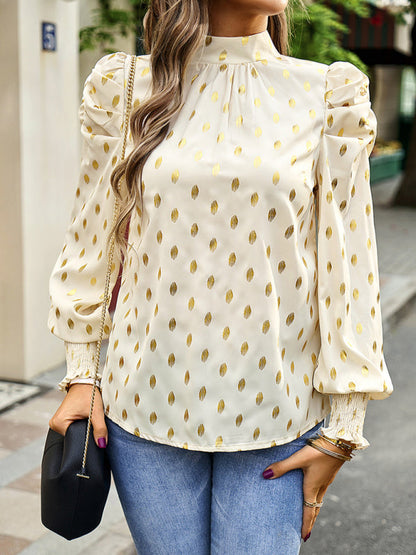 Blouses- Women's Tunic Top with Gold Polka Dot Stand Neck for Elegant Occasions- - Pekosa Women Clothing