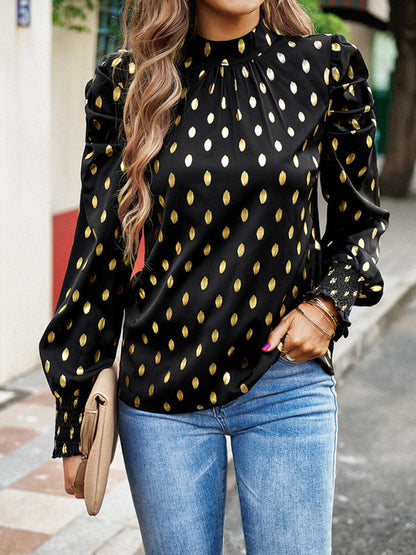 Blouses- Women's Tunic Top with Gold Polka Dot Stand Neck for Elegant Occasions- - Pekosa Women Clothing