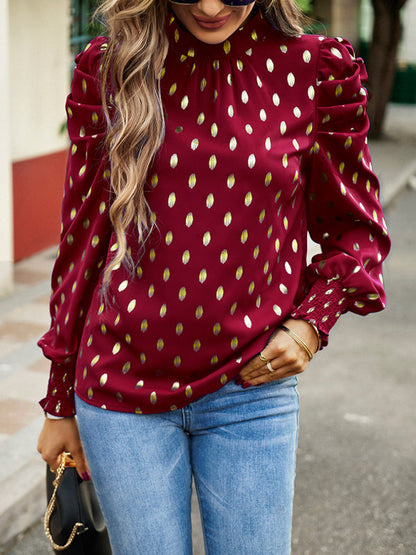 Blouses- Women's Tunic Top with Gold Polka Dot Stand Neck for Elegant Occasions- - Pekosa Women Clothing