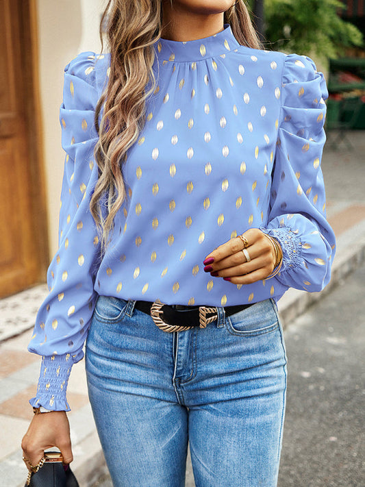 Blouses- Women's Tunic Top with Gold Polka Dot Stand Neck for Elegant Occasions- Blue- Pekosa Women Clothing
