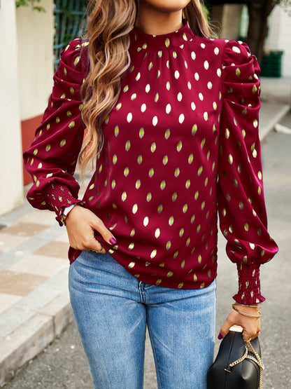 Blouses- Women's Tunic Top with Gold Polka Dot Stand Neck for Elegant Occasions- Wine Red- Pekosa Women Clothing