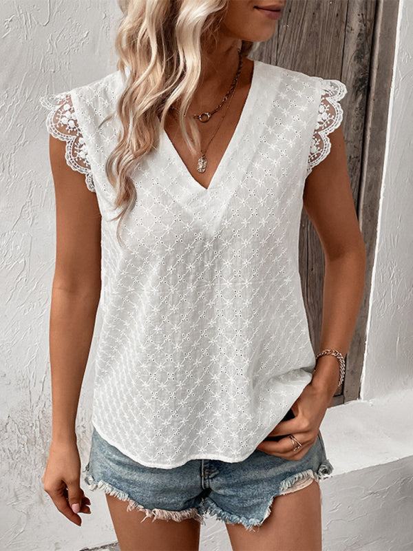 Blouses- Women's V Neck Eyelet Vest Blouse - Ruffle Trim Tee Top- - Pekosa Women Clothing