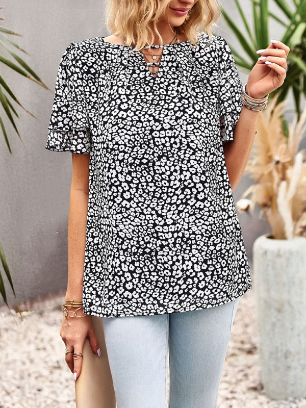 Blouses- Women's V-Neck Keyhole Blouse - Floral Double Layer Sleeve Top- Black- Pekosa Women Clothing