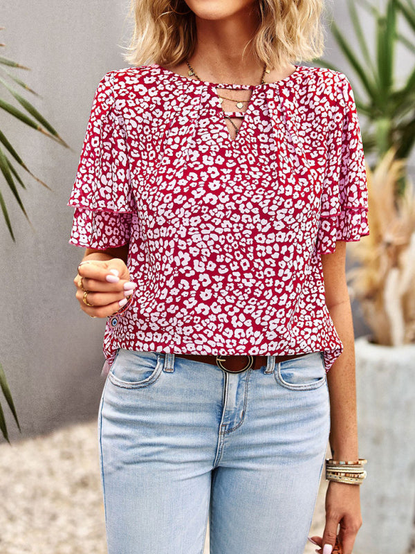 Blouses- Women's V-Neck Keyhole Blouse - Floral Double Layer Sleeve Top- - Pekosa Women Clothing