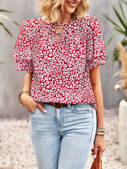 Blouses- Women's V-Neck Keyhole Blouse - Floral Double Layer Sleeve Top- Wine Red- Pekosa Women Clothing