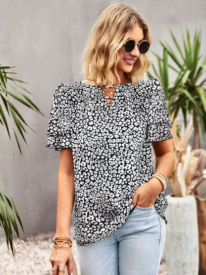 Blouses- Women's V-Neck Keyhole Blouse - Floral Double Layer Sleeve Top- - Pekosa Women Clothing