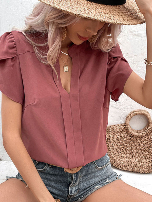 Blouses- Women's V Neck Top: Short Petal Sleeves Blouse, Multiple Occasions- Red- Pekosa Women Clothing