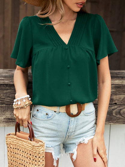 Blouses- Women's V-neck Flutter Sleeve Blouses - Button Front Tops- Green black jasper- Pekosa Women Clothing