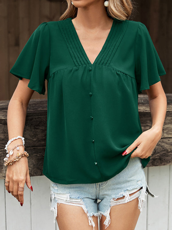 Blouses- Women's V-neck Flutter Sleeve Blouses - Button Front Tops- - Pekosa Women Clothing