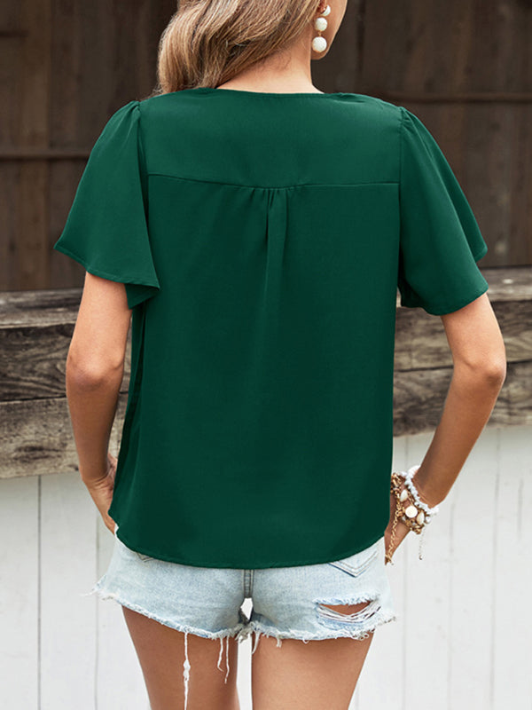 Blouses- Women's V-neck Flutter Sleeve Blouses - Button Front Tops- - Pekosa Women Clothing