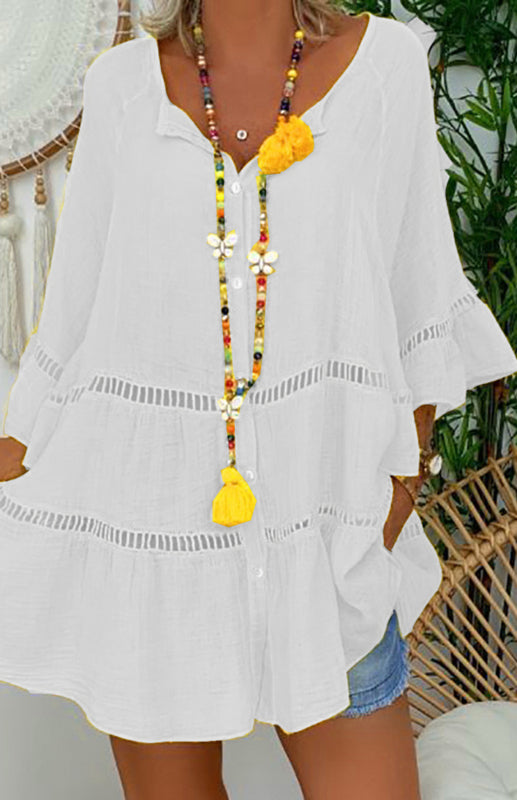 Blouses- Women's Vacation: Oversized Button-Down 3/4 Sleeves Cotton Shirt- White- Pekosa Women Clothing
