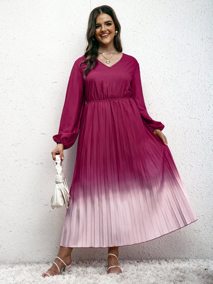 Blouson Dresses- Gradient Pleated Plus Size Blouson Dress with Long Sleeves- Purplish red- Pekosa Women Fashion