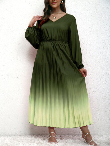 Blouson Dresses- Gradient Pleated Plus Size Blouson Dress with Long Sleeves- Green black jasper- Pekosa Women Fashion