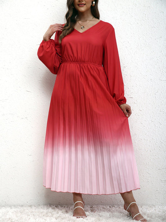 Blouson Dresses- Gradient Pleated Plus Size Blouson Dress with Long Sleeves- Watermelon Red- Pekosa Women Fashion