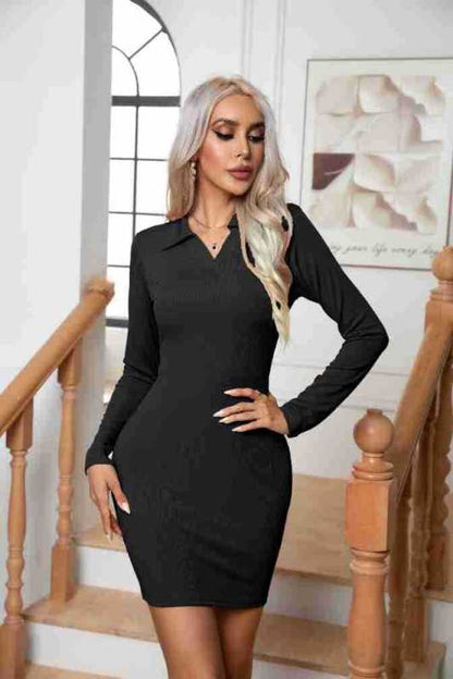 Bodycon Dresses- Basic Long Sleeve Easy Fit Collared Pencil Mini Dress- Black- Pekosa Women Clothing