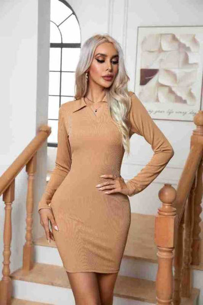 Bodycon Dresses- Basic Long Sleeve Easy Fit Collared Pencil Mini Dress- Khaki- Pekosa Women Clothing