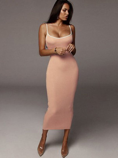 Bodycon Dresses- Bodycon Cami Midi Dress in Contrast Binding- Pink- Pekosa Women Fashion