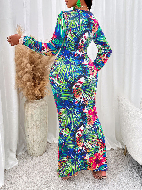 Bodycon Dresses- Bodycon Floral Long Sleeve Long Slit Dress- - Pekosa Women Clothing