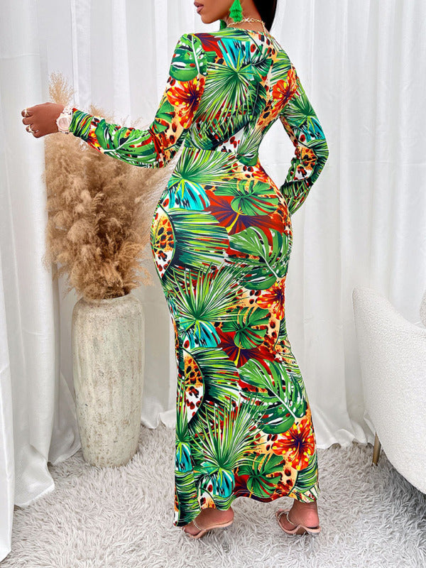 Bodycon Dresses- Bodycon Floral Long Sleeve Long Slit Dress- - Pekosa Women Clothing