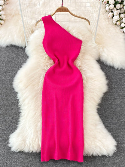 Bodycon Dresses- Curve-Hugging One Shoulder Bodycon Midi Dress in High Stretch- Rose- Pekosa Women Fashion