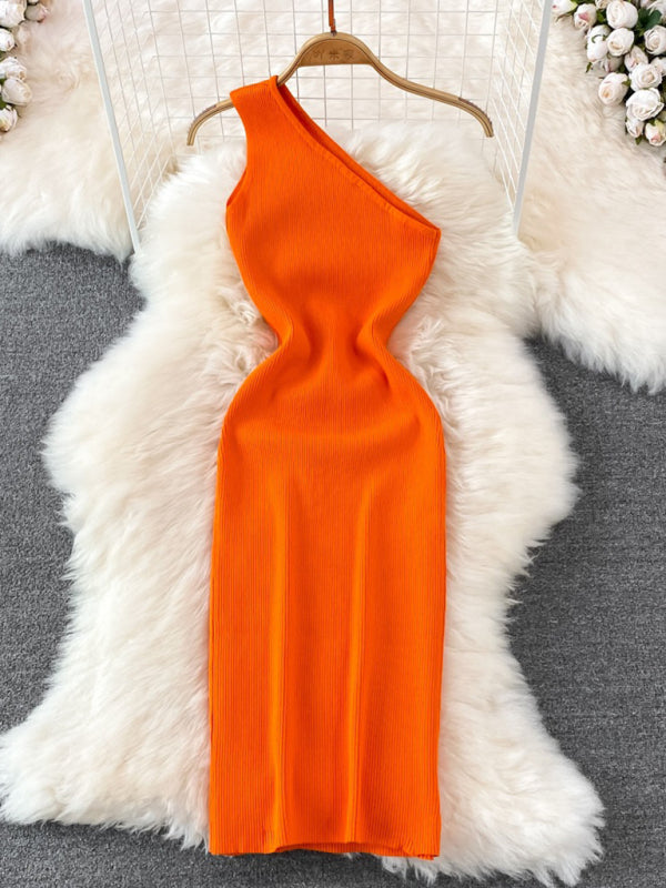 Bodycon Dresses- Curve-Hugging One Shoulder Bodycon Midi Dress in High Stretch- - Pekosa Women Fashion