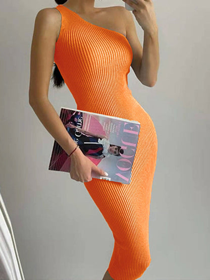 Bodycon Dresses- Curve-Hugging One Shoulder Bodycon Midi Dress in High Stretch- Orange- Pekosa Women Fashion