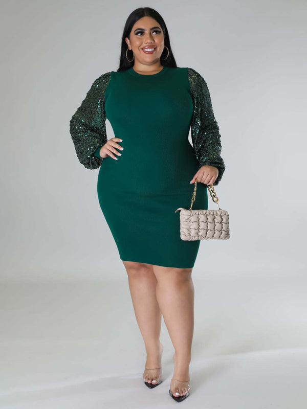 Bodycon Dresses- Curvy Plus Size Sequin Bodycon Dress with Long Sleeves- - Pekosa Women Fashion