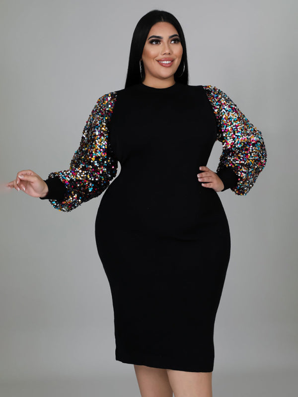 Bodycon Dresses- Curvy Plus Size Sequin Bodycon Dress with Long Sleeves- - Pekosa Women Fashion