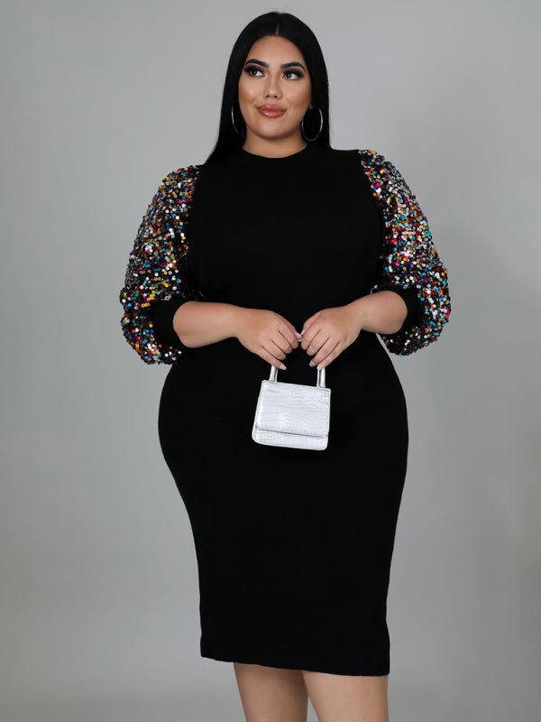 Bodycon Dresses- Curvy Plus Size Sequin Bodycon Dress with Long Sleeves- - Pekosa Women Fashion