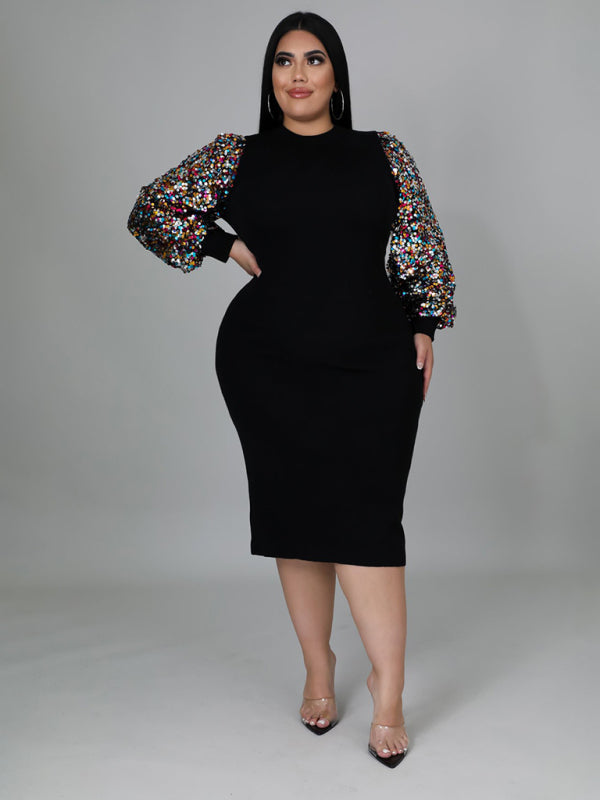 Bodycon Dresses- Curvy Plus Size Sequin Bodycon Dress with Long Sleeves- - Pekosa Women Fashion