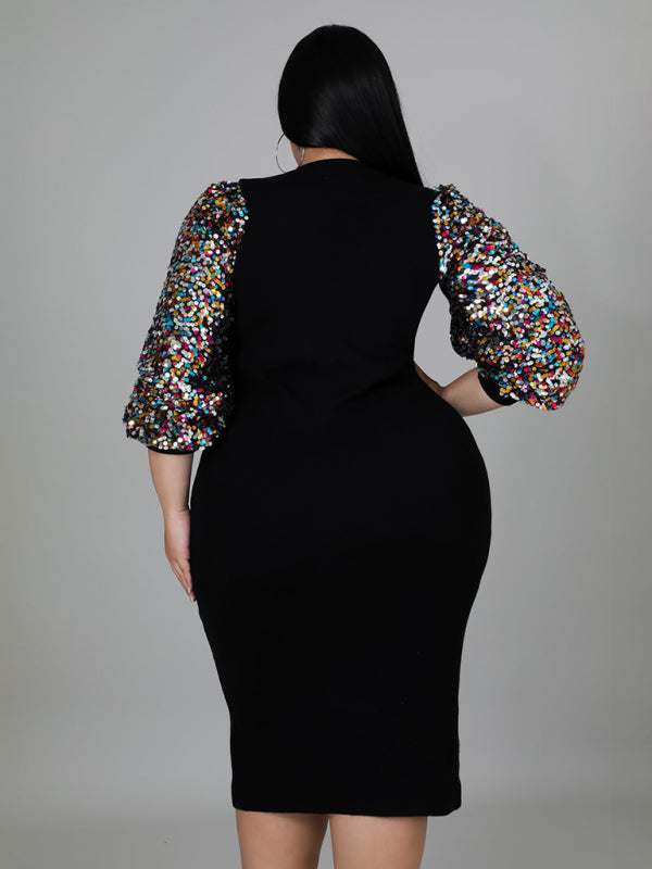 Bodycon Dresses- Curvy Plus Size Sequin Bodycon Dress with Long Sleeves- - Pekosa Women Fashion