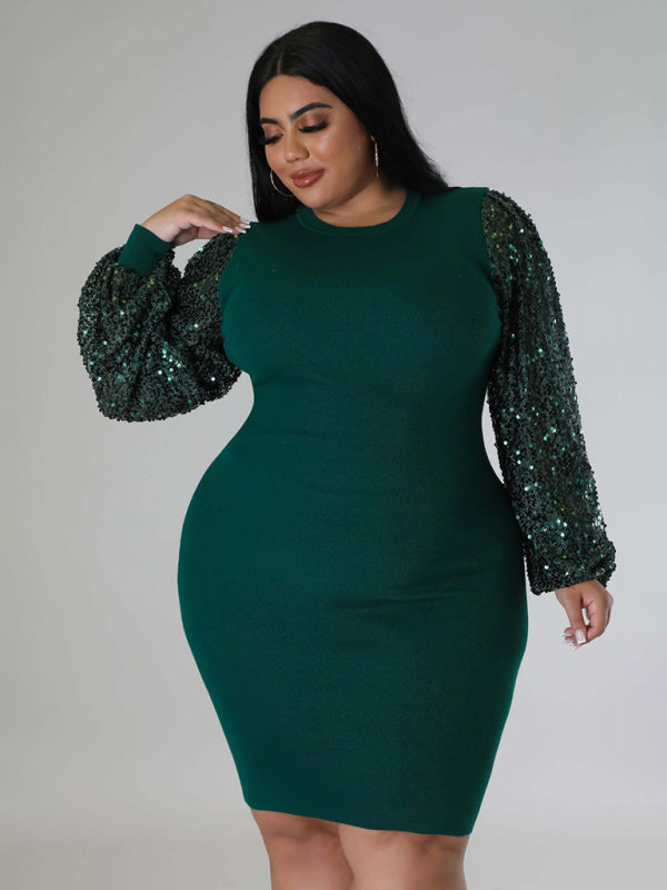 Bodycon Dresses- Curvy Plus Size Sequin Bodycon Dress with Long Sleeves- - Pekosa Women Fashion