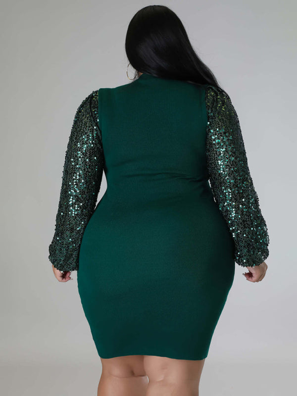 Bodycon Dresses- Curvy Plus Size Sequin Bodycon Dress with Long Sleeves- - Pekosa Women Fashion