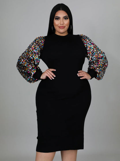 Bodycon Dresses- Curvy Plus Size Sequin Bodycon Dress with Long Sleeves- Black- Pekosa Women Fashion