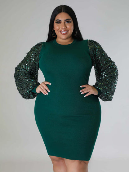 Bodycon Dresses- Curvy Plus Size Sequin Bodycon Dress with Long Sleeves- Green- Pekosa Women Fashion