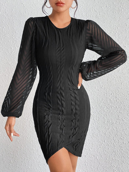 Bodycon Dresses- Elegant Cocktail Textured Bodycon Mini Dress with Long Sleeves- - Pekosa Women Clothing