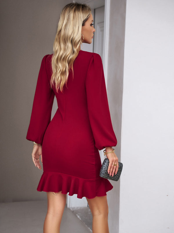 Bodycon Dresses- Elegant Solid Bodycon Ruffle Long Sleeve Dress- - Pekosa Women Clothing