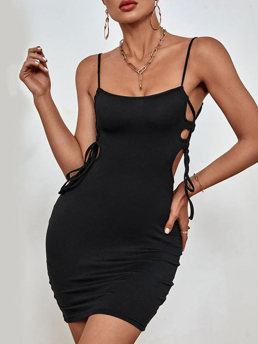 Bodycon Dresses- Elegant Solid Cutout Sides Bodycon Mini Dress- Black- Pekosa Women Clothing