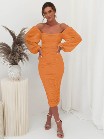 Bodycon Dresses- Elegant Solid Ruched Bodycon Lantern Sleeve Midi Dress- Orange- Pekosa Women Clothing